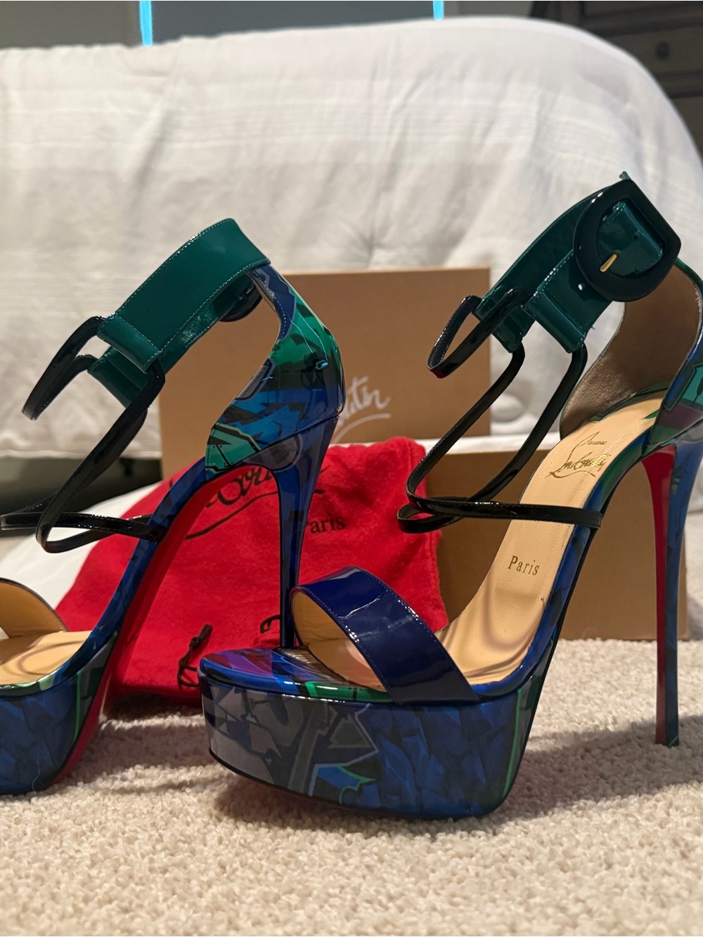 Christian Louboutin Blue and Green Patent Platform Sandals with Red Sole